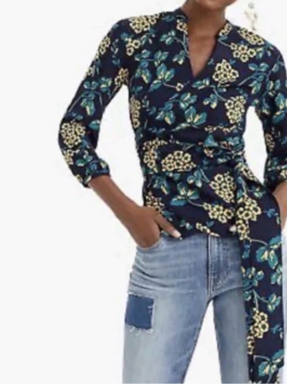 J Crew Floral Wrap Blouse in Navy and Yellow size small